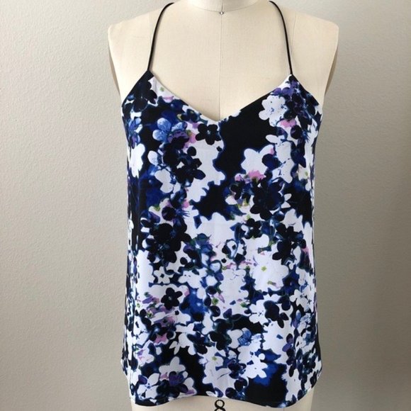 Express Black Blue White Floral Reversible Top, Small - Picture 1 of 7